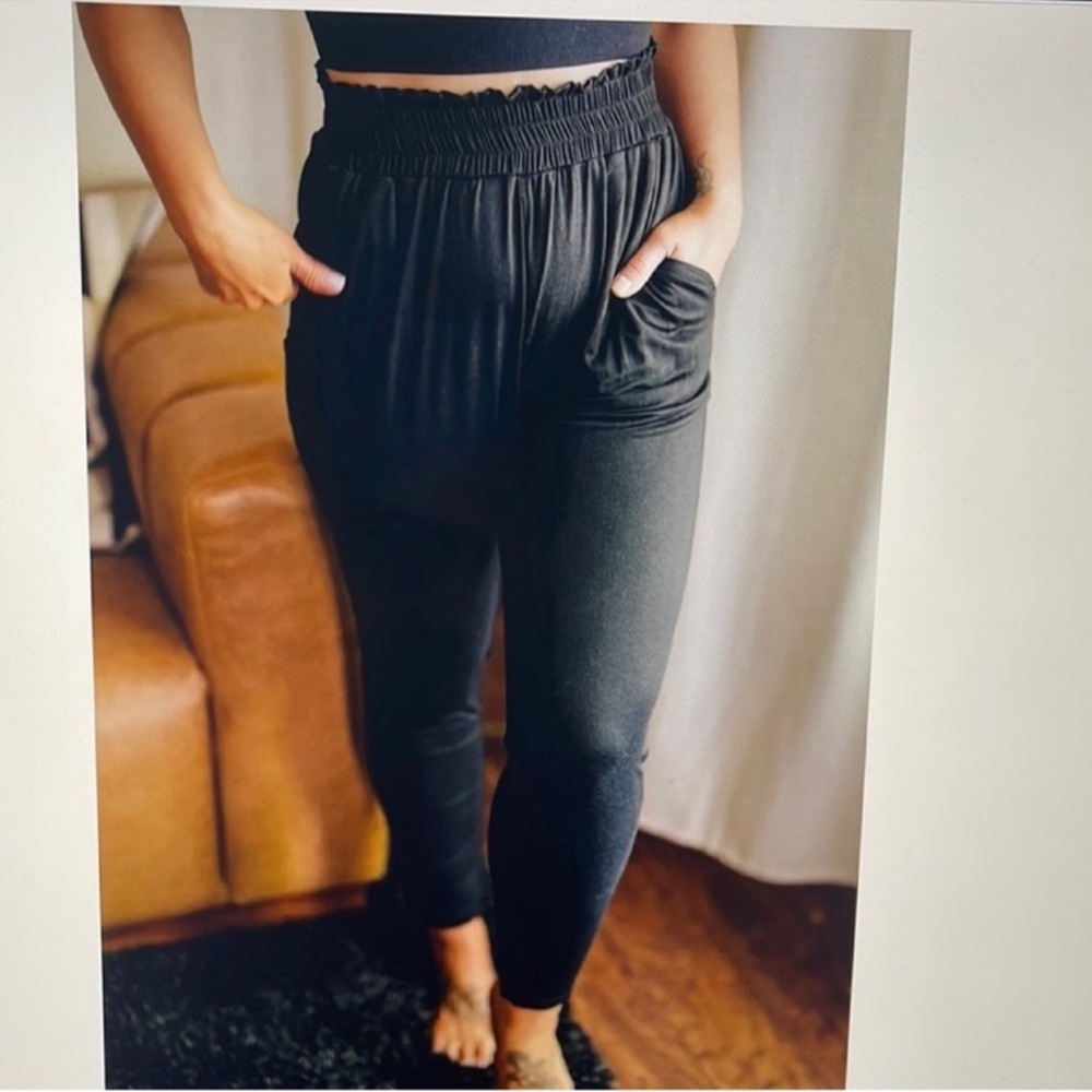 Stretch Frill High Waist Black Knit Slim Leg Pants Plus Size 2X